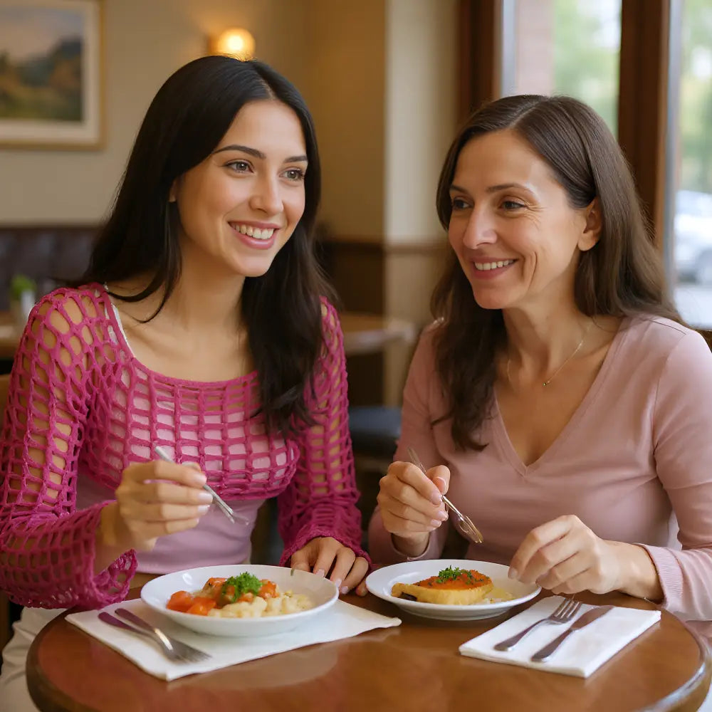 Crop top au crochet Fuschiamo de Cachalabibi - vue de face au restaurant avec une amie