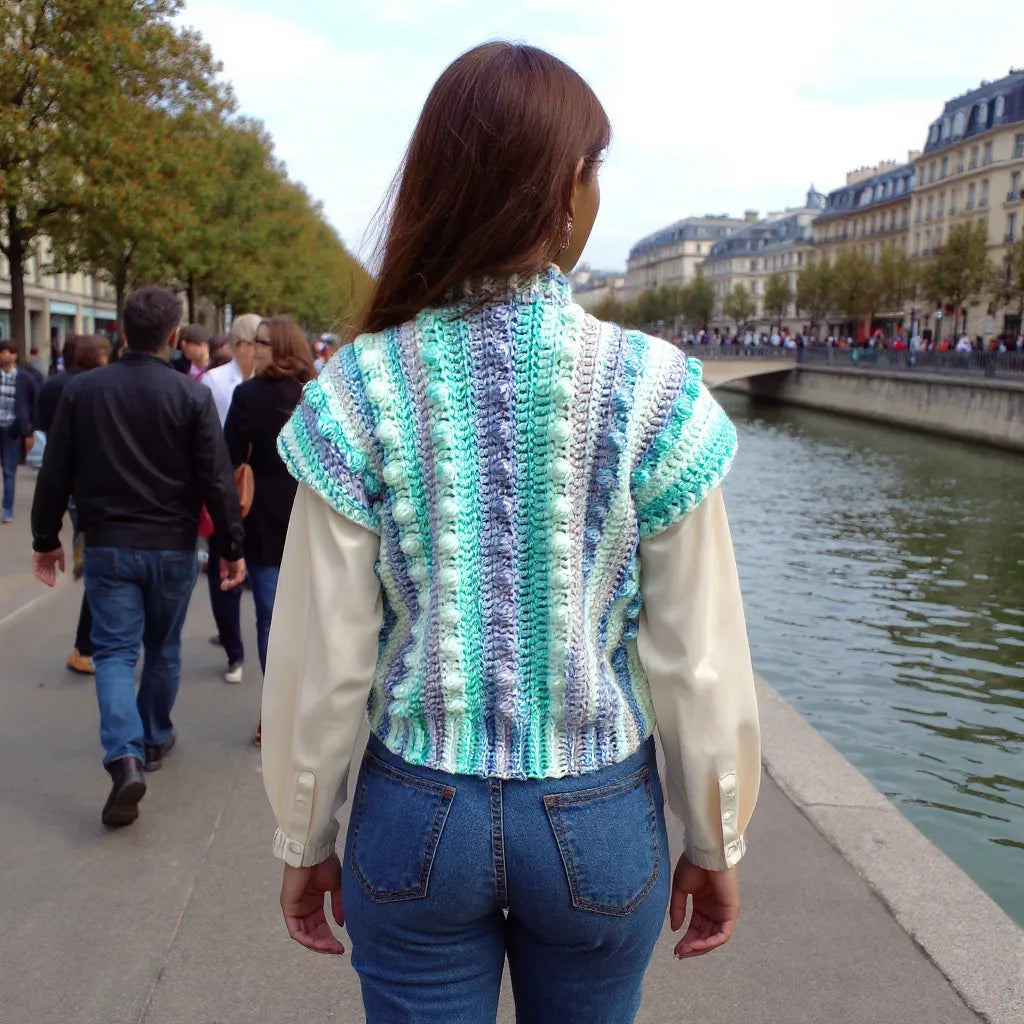 Gilet au crochet Pastello de Cachalabibi -vue de dos sur les quais de Seine à Paris avec promeneurs et immeubles haussmanniens