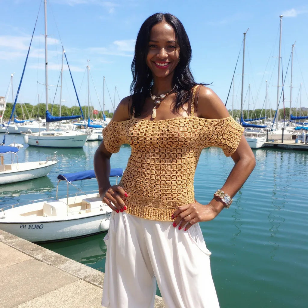 Haut au crochet Caramella de Cachalabibi - port de plaisance avec bateaux et jeune femme debout sur un quai