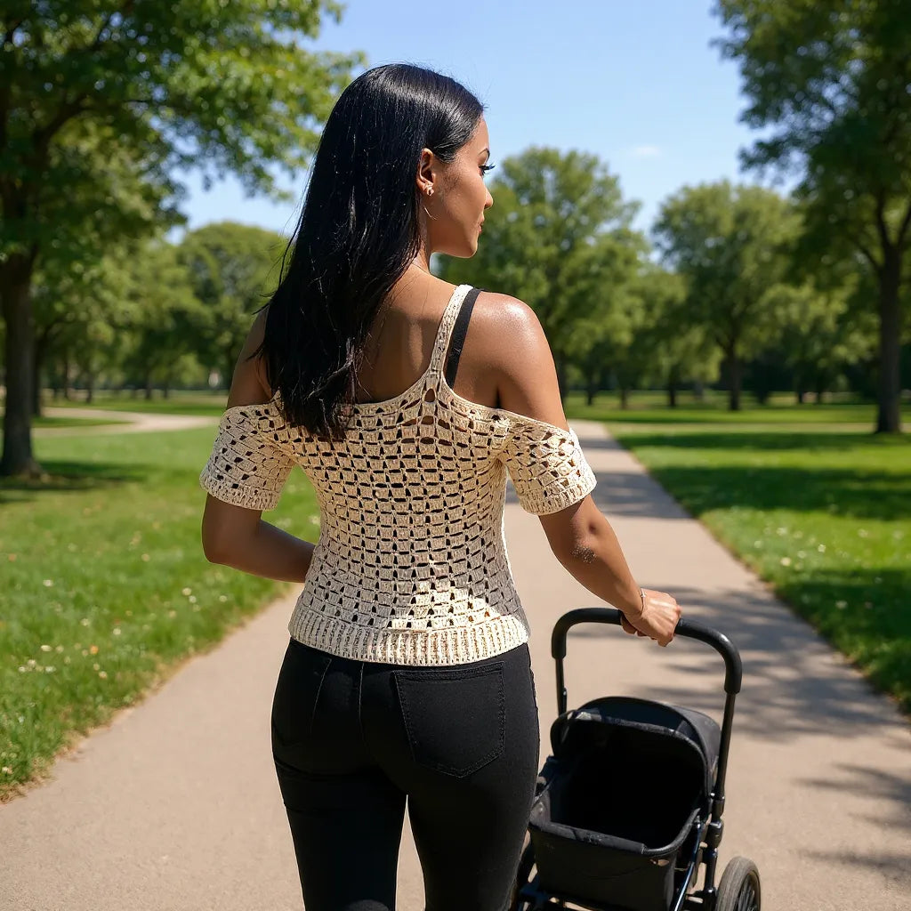 Haut au crochet Espuma de Cachalabibi - vue de dos d'une femme en promenade au parc avec une poussette