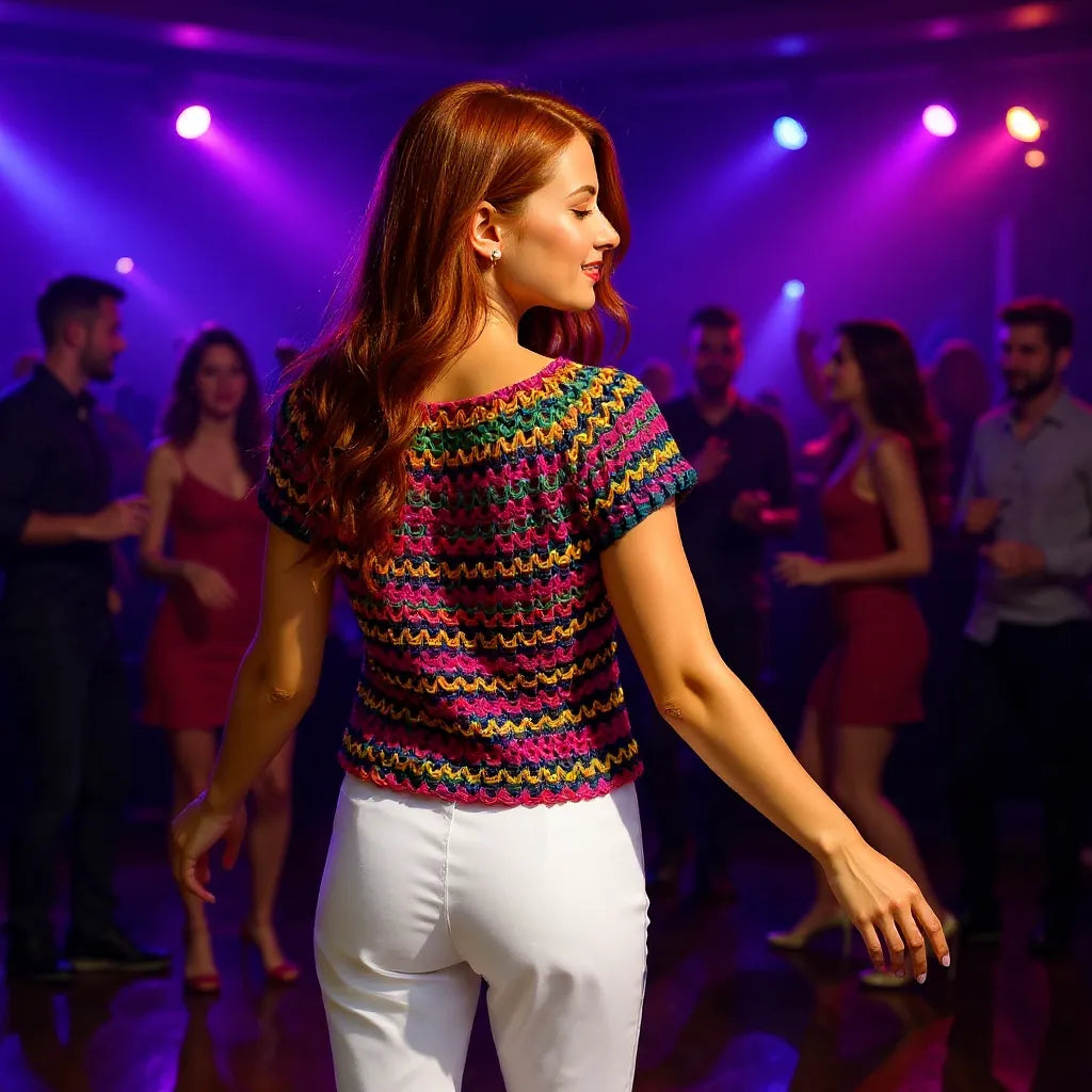 Haut au crochet Tico-Tico de Cachalabibi - jeune femme en soirée dansante avec éclairage violet