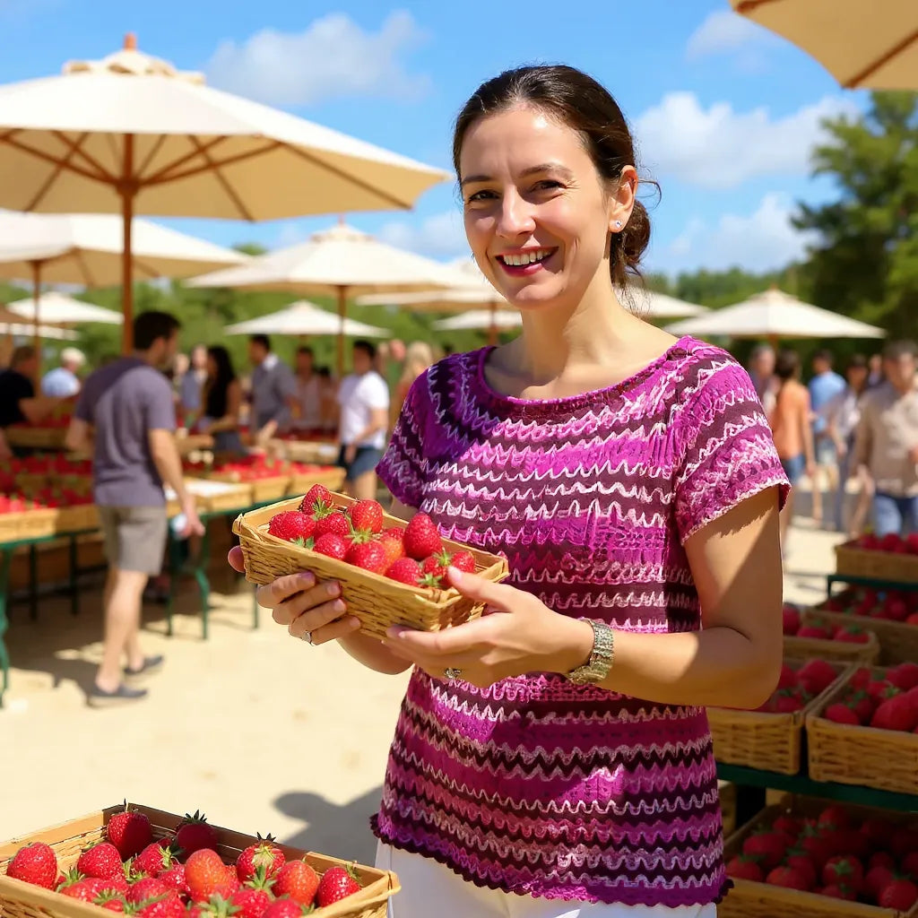 Haut au crochet Uncinetto de Cachalabibi - porté à un marché de producteurs avec fraises par une femme aux cheveux attachés