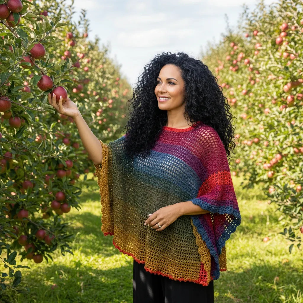 Poncho Makun arc-en-ciel multicolore avec dégradé - vue de face dans un verger de pommiers cueillant une pomme rouge