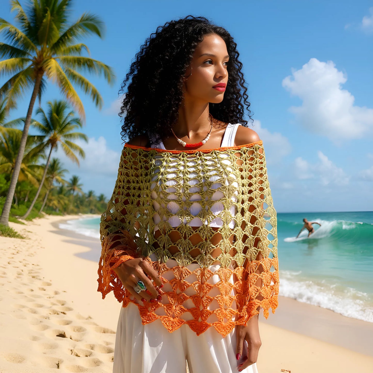 Poncho au crochet Olivette taille unique dégradé vert olive orange porté de face plage tropicale