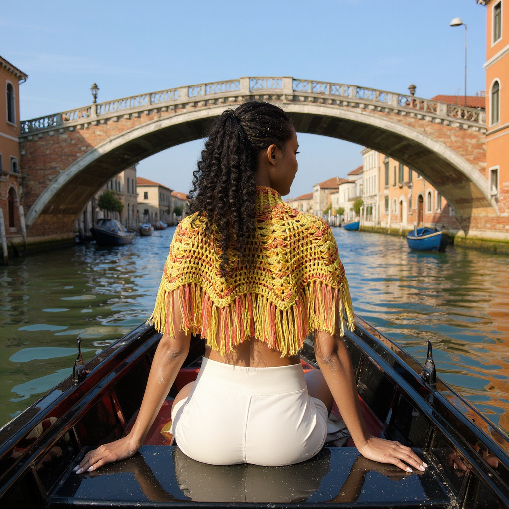 Poncho au crochet Pompisol jaune doré porté en gondole à Venise avec pont en arrière-plan