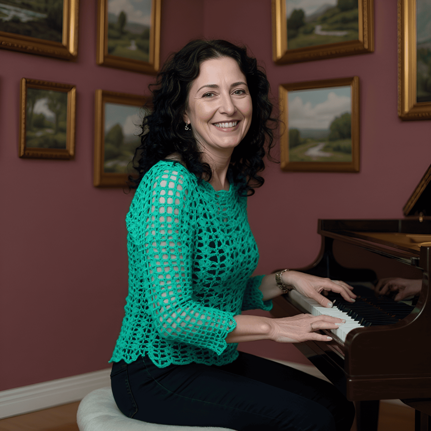 Pull au crochet Marimar de Cachalabibi - vue de côté d'une femme pianiste dans un salon cossu