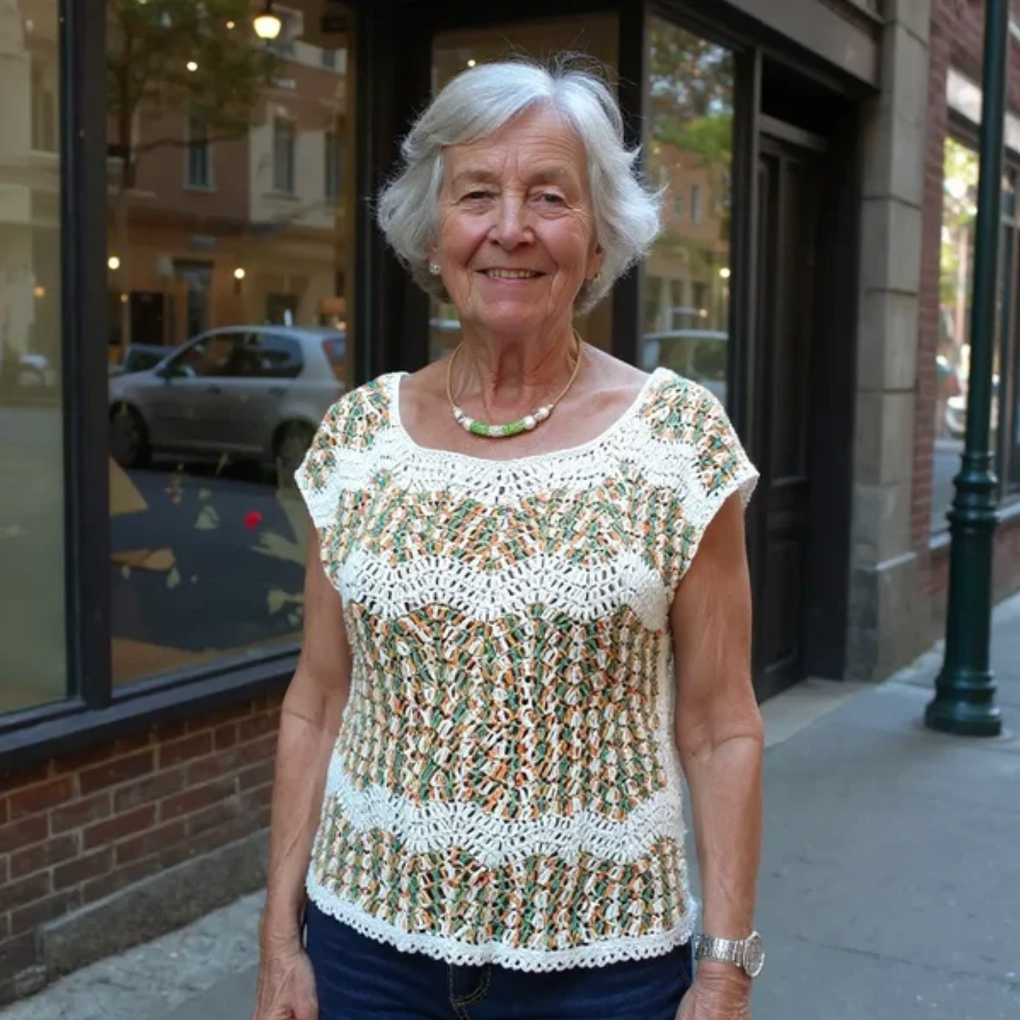 Pull au crochet Azeitona de Cachalabibi -devant vitrine, bandes ajourées blanches et motifs délicats