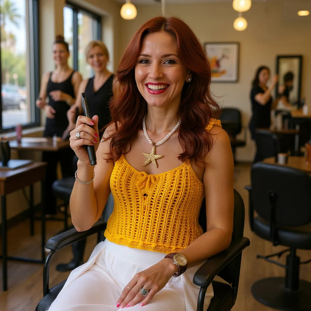 Top au crochet Aldentissimo de Cachalabibi - vue dans un salon de coiffure avec un sourire radieux