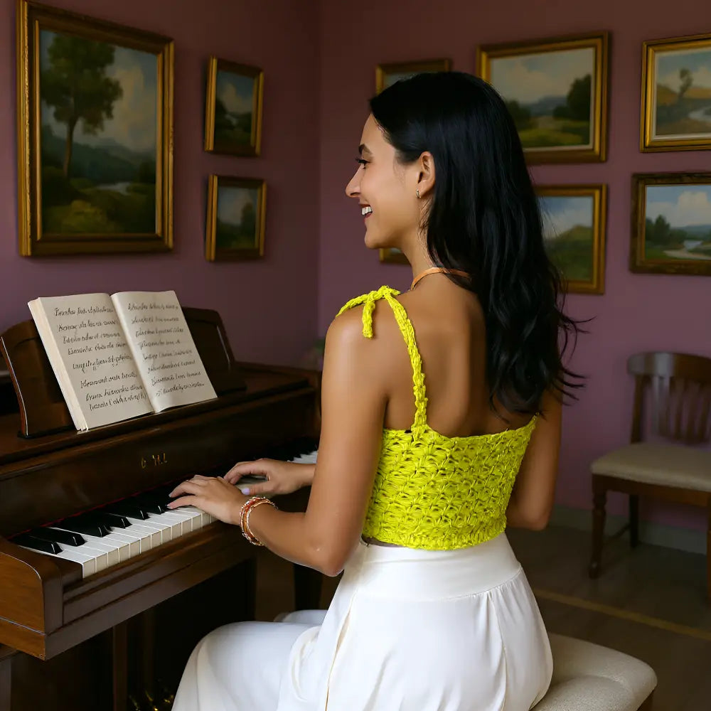 Top au crochet Finocchio de Cachalabibi - vue de dos au piano de cette jeune femme dans un salon élégant