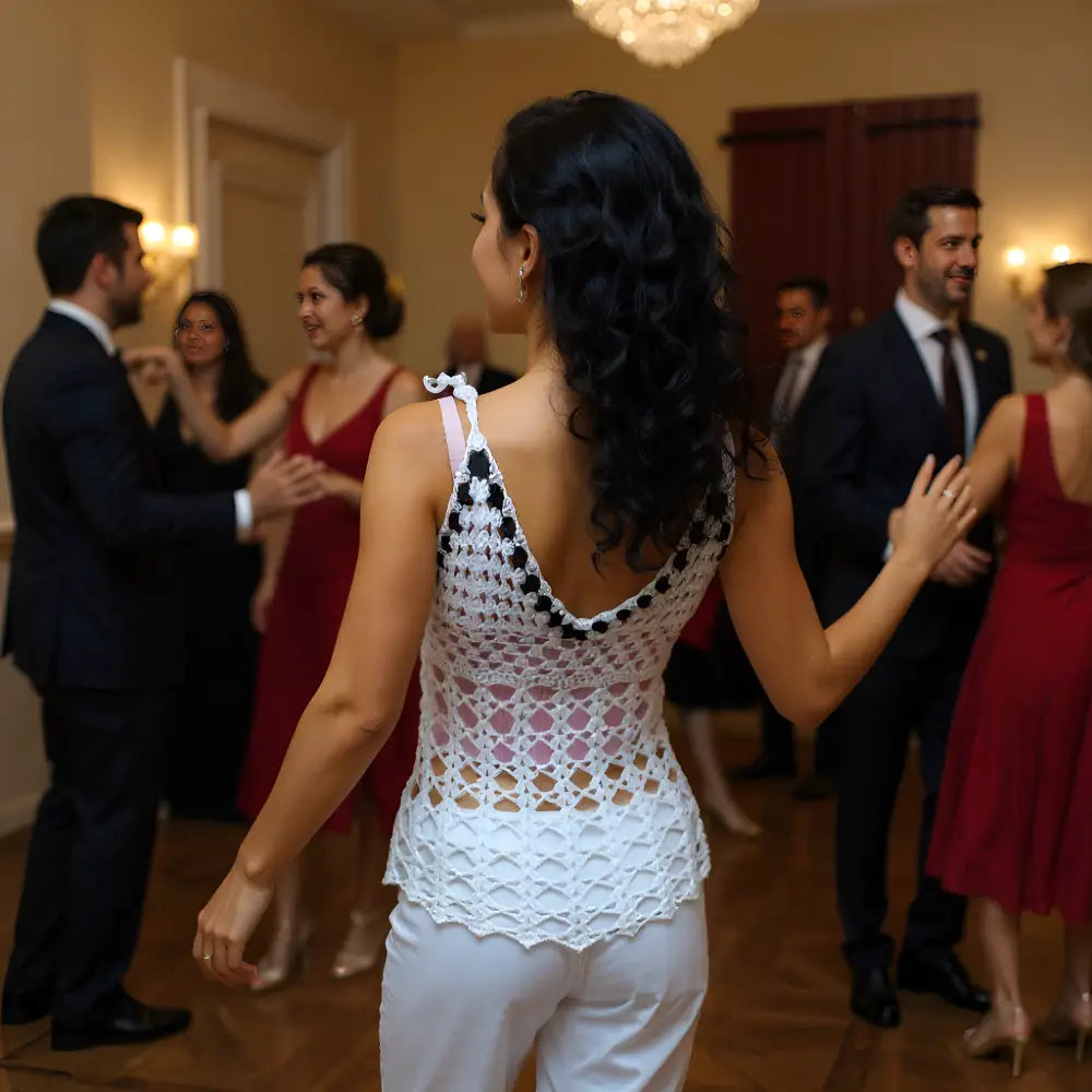 Top au crochet Insonno de Cachalabibi - vue de dos en soirée élégante avec un nœud décoratif blanc