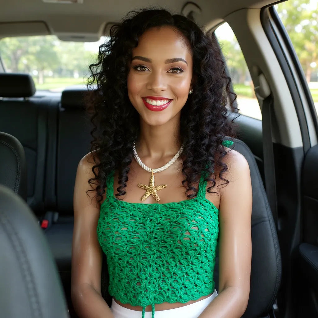 Top au crochet Mentholo de Cachalabibi - vue de face dans la voiture avec sourire radieux - Modèle avec lien non tiré