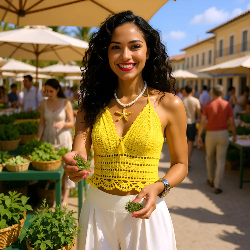 Top dos nu au crochet L'été s'ra chaud de Cachalabibi - vue de face au marché provençal avec des herbes dans la main