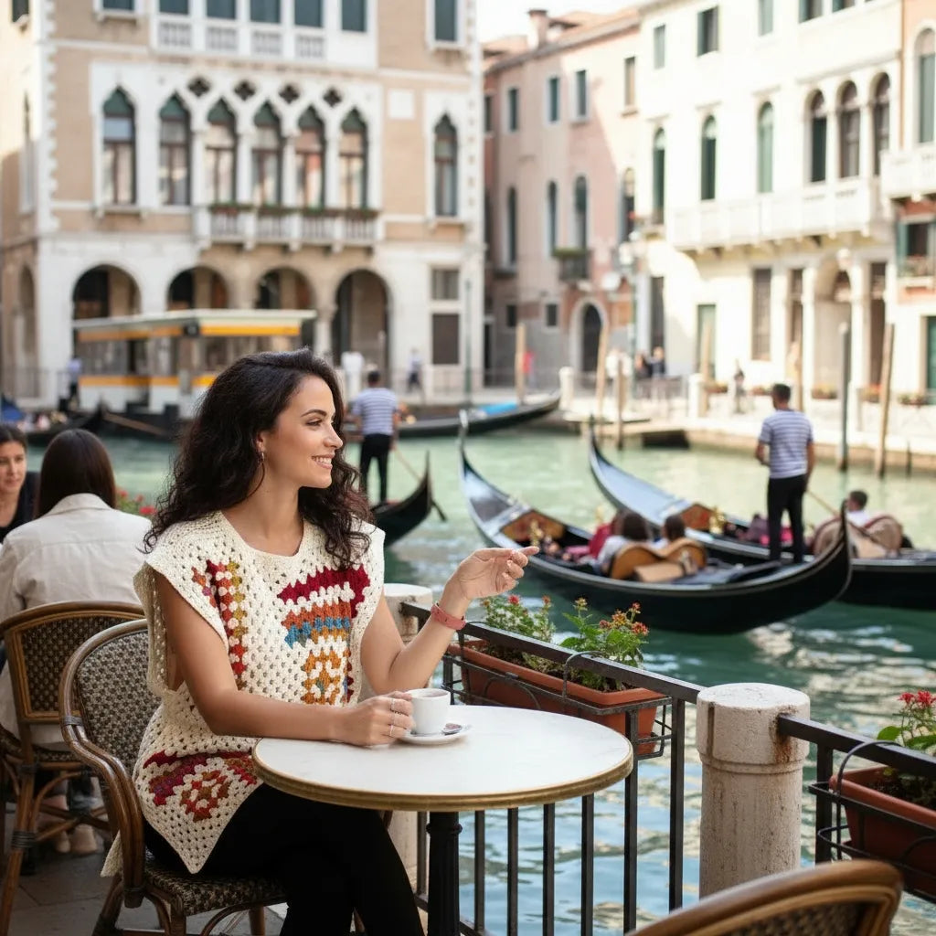 Tunique au crochet Dédalina de Cachalabibi - vue de face à la terrasse d'un café vénitien sur le Grand Canal avec gondoles