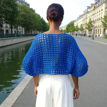 Pull au crochet Lazzuli de Cachalabibi -Vue de dos détaillant la texture ajourée