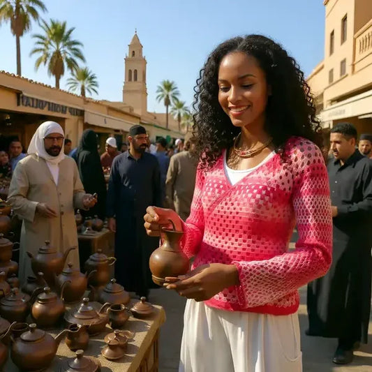 Cache-cœur au crochet fait main Cachou de Cachalabibi - rose - vue de face au marché aux épices avec étals de poteries et foule