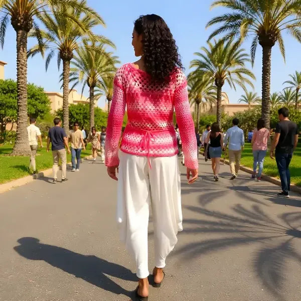 Cache-cœur au crochet Cachou de Cachalabibi - vue de dos d'une jeune femme dans un jardin avec feuillage vert et lumière naturelle