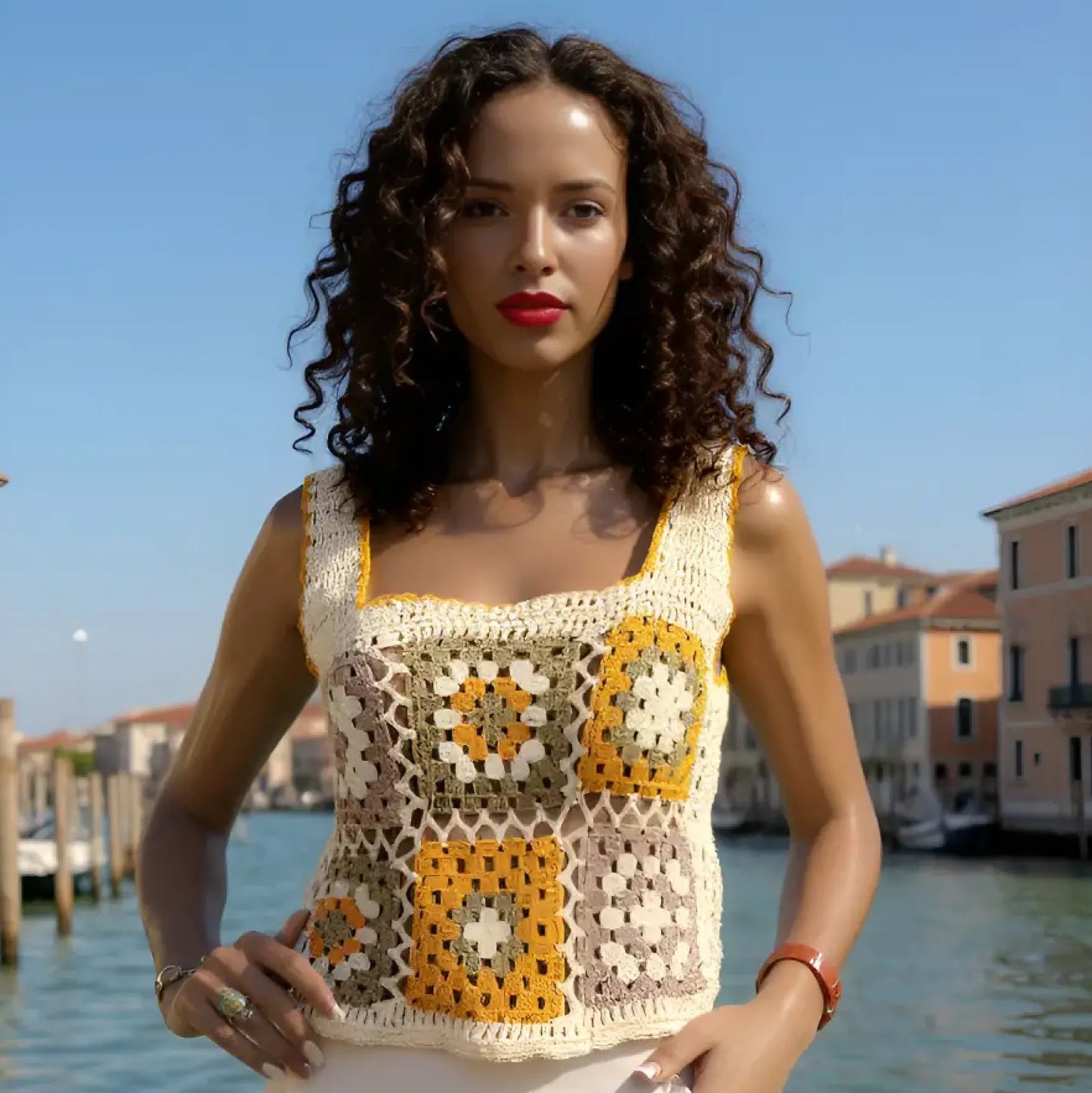 Haut au crochet Squara de Cachalabibi -vue de face d'une demoiselle près du Grand canal à Venise