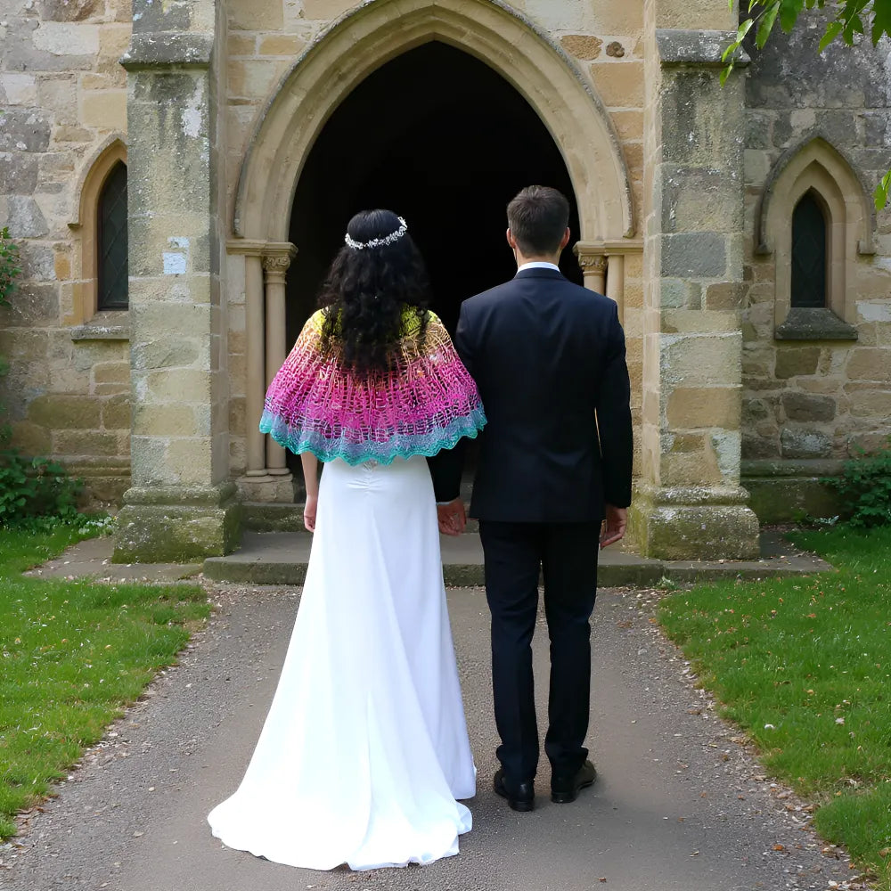 Châle au crochet Arc-en-ciel de Cachalabibi  - Vue de dos du châle dégradé coloré porté devant église avec mariés