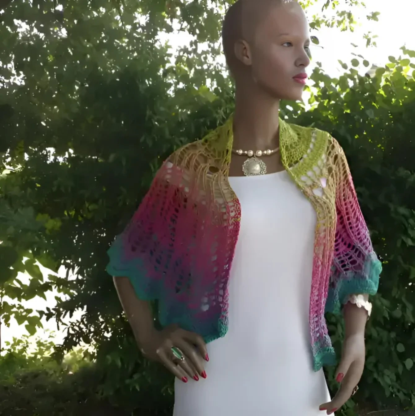 Châle au crochet Arc-en-ciel de Cachalabibi - vu du  dégradé vert rose turquoise porté sur les épaules