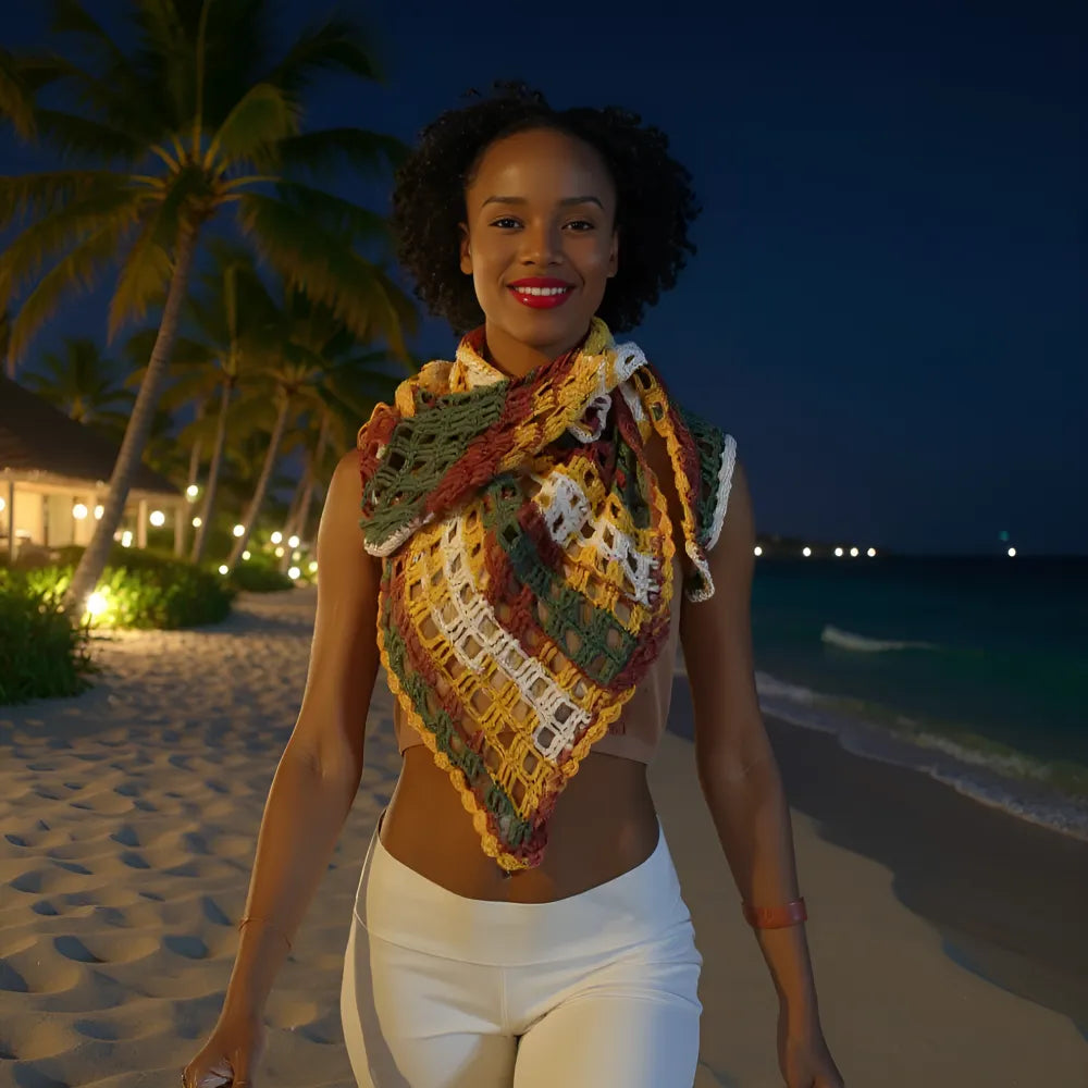 Châle au crochet Mozamba de Cachalabibi - une possibilité de le porte en étant noué devant