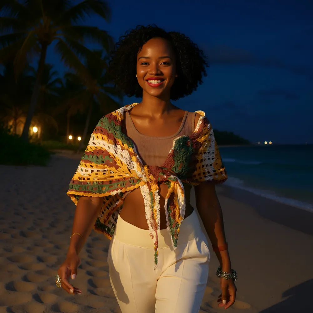 Châle au crochet Mozamba de Cachalabibi - vue de face sur une femme qui le porte en étole longue