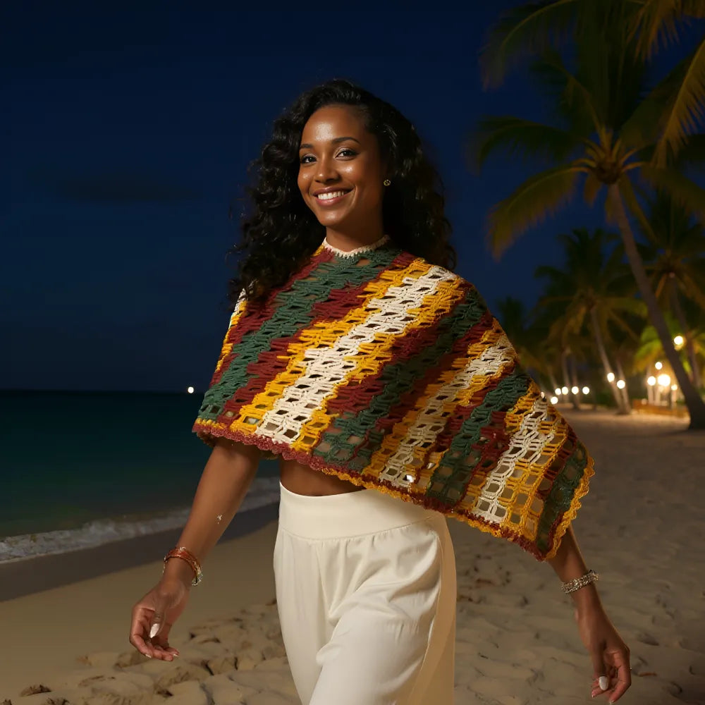 Châle au crochet Mozamba de Cachalabibi - Détail maille ajourée du châle Mozamba avec rayures terracotta vert et moutarde