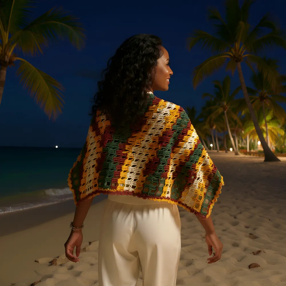 Châle au crochet Mozamba de Cachalabibi - Vue arrière du châle en coton avec motifs géométriques