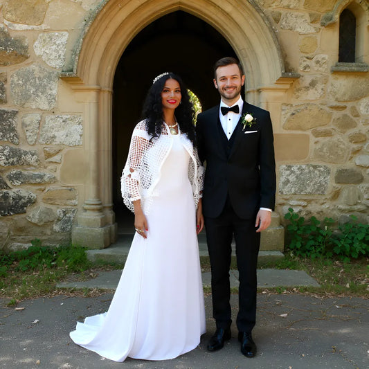 Châle au crochet Pour Ce Grand Jour de Cachalabibi - vue de face porté par une mariée devant l'entrée de l'église
