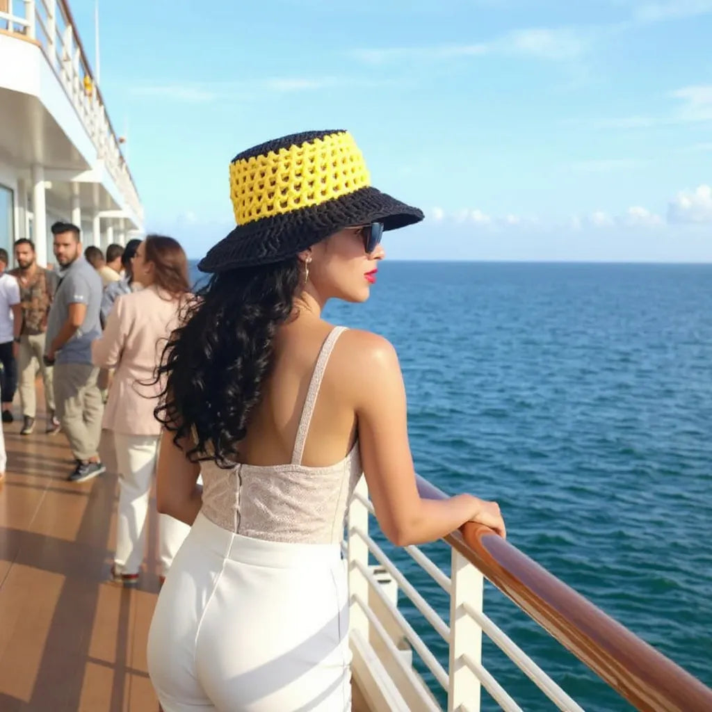 Chapeau au crochet Bobbydos de Cachalabibi - porté par une femme sur le pont d'un bateau de croisière