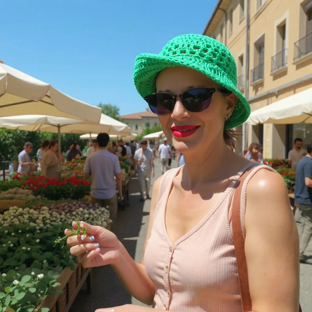 Chapeau au crochet Bobbymint de Cachalabibi - Femme portant le chapeau vert menthe, vue de face avec lunettes de soleil