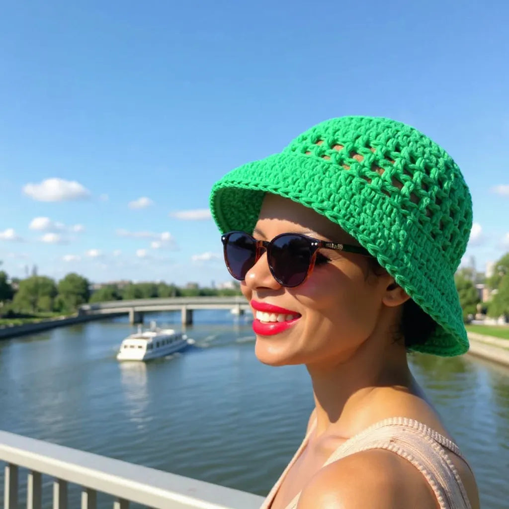 Chapeau au crochet Bobbymint de Cachalabibi - porté, vue de profil montrant le point ajouré et la forme bob