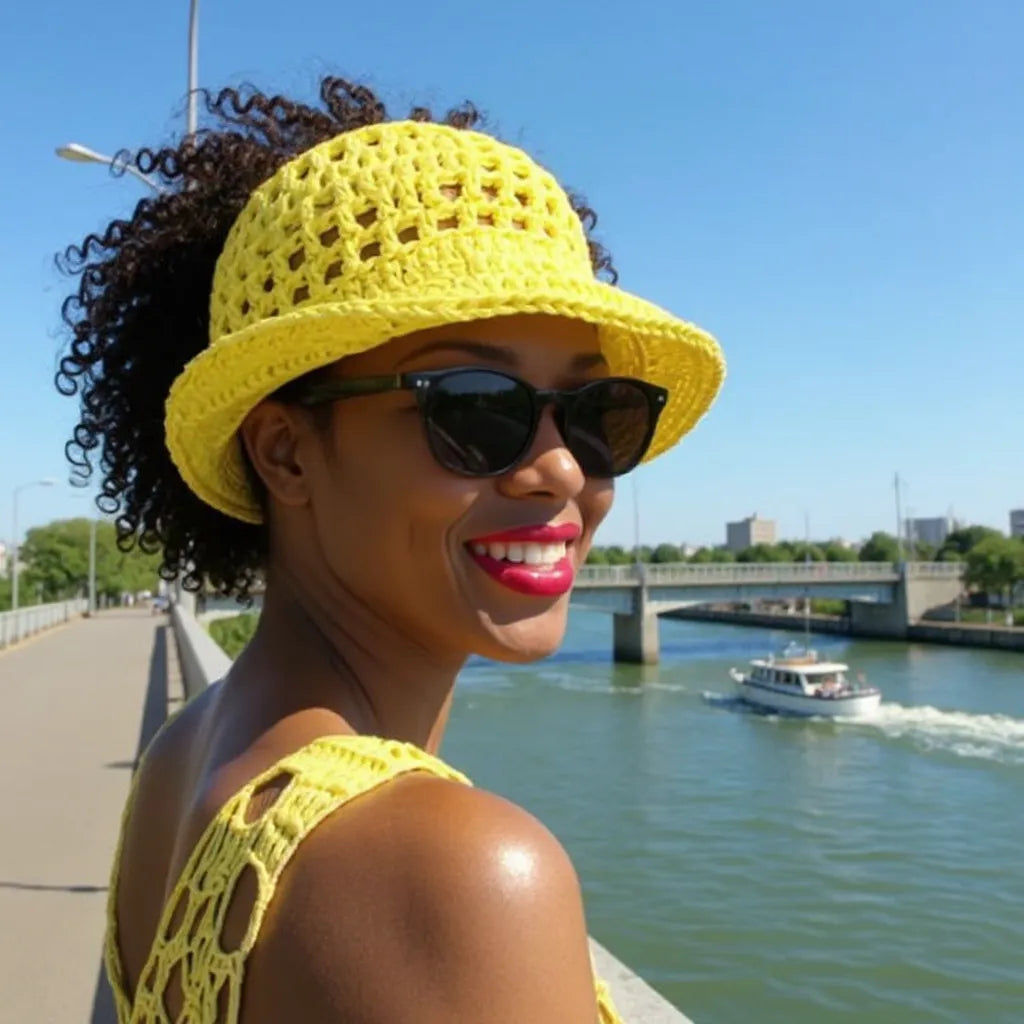 Chapeau au crochet Bobbysol de Cachalabibi - porté au bord d'un canal - profil droit