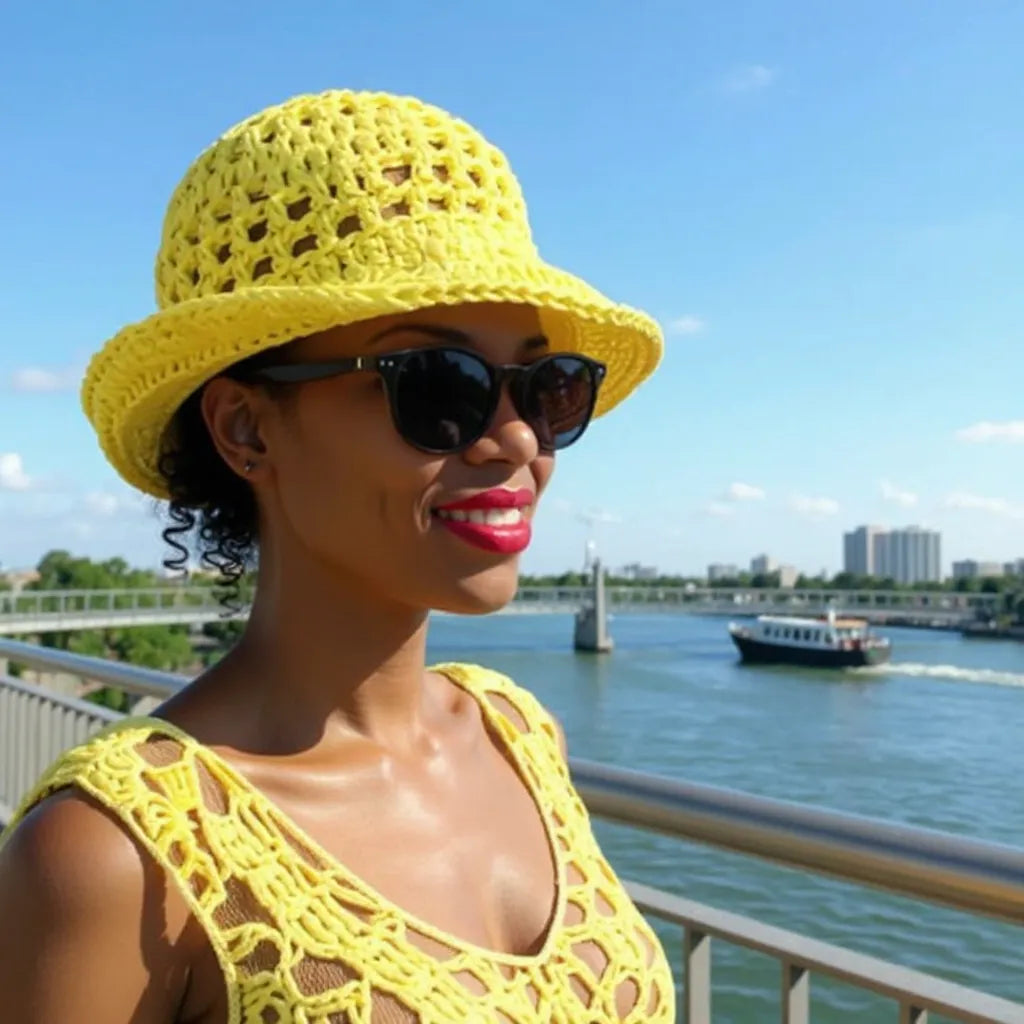 Chapeau au crochet Bobbysol de Cachalabibi - porté par une jeune femme avec des lunettes de soleil - ambiance estivale