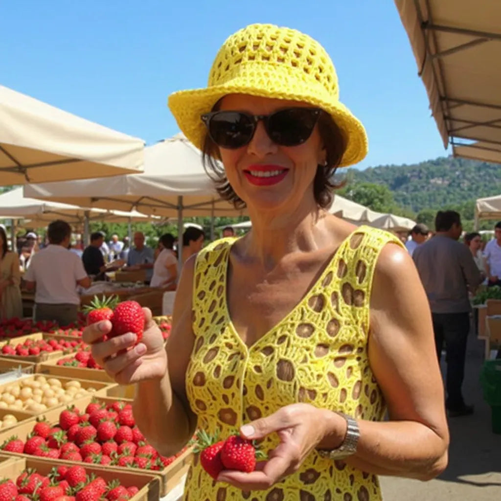 Chapeau au crochet Bobbysol de Cachalabibi - porté avec lunettes de soleil - vue de face