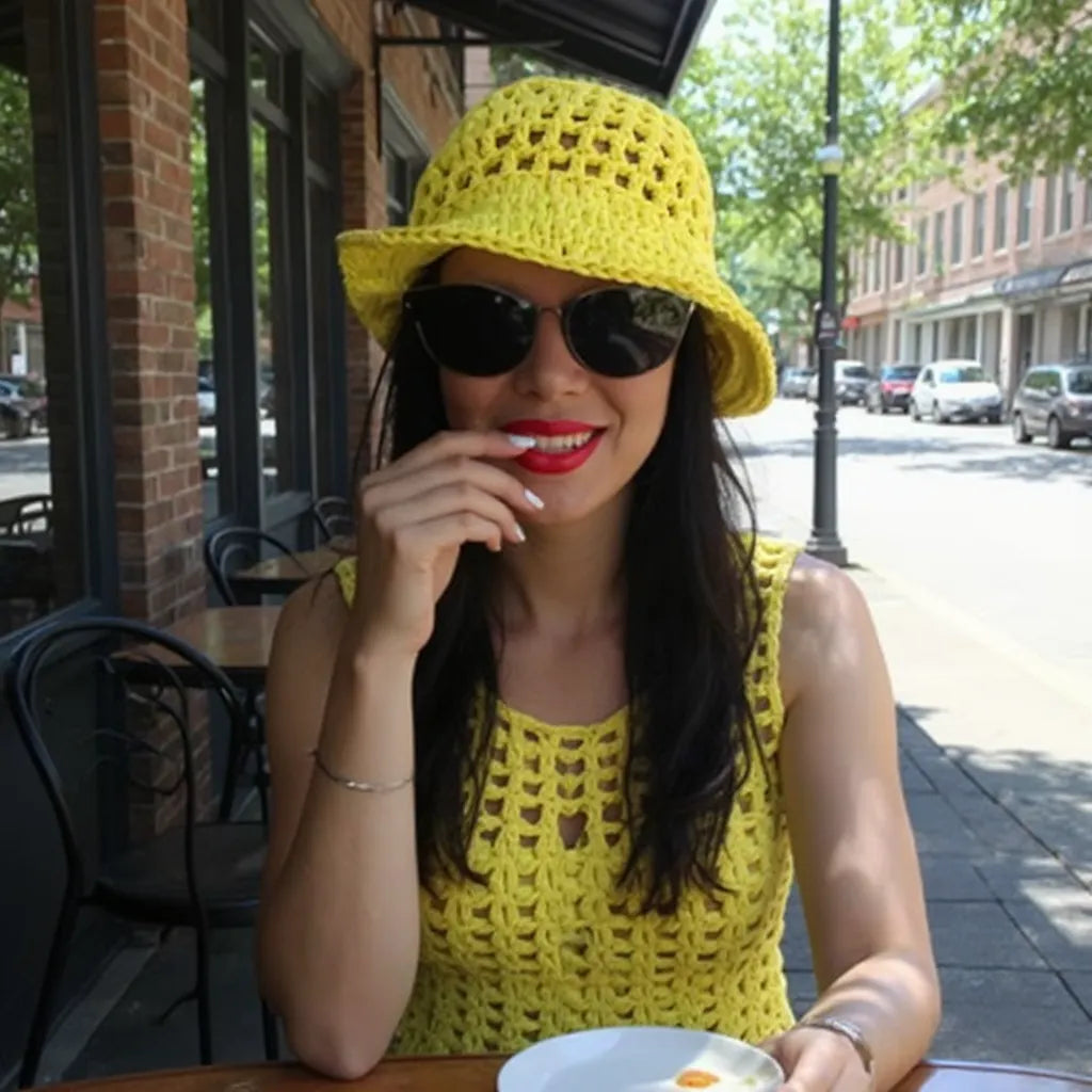 Chapeau au crochet Bobbysol de Cachalabibi  - porté à la terrasse d'un café par une jeune femme