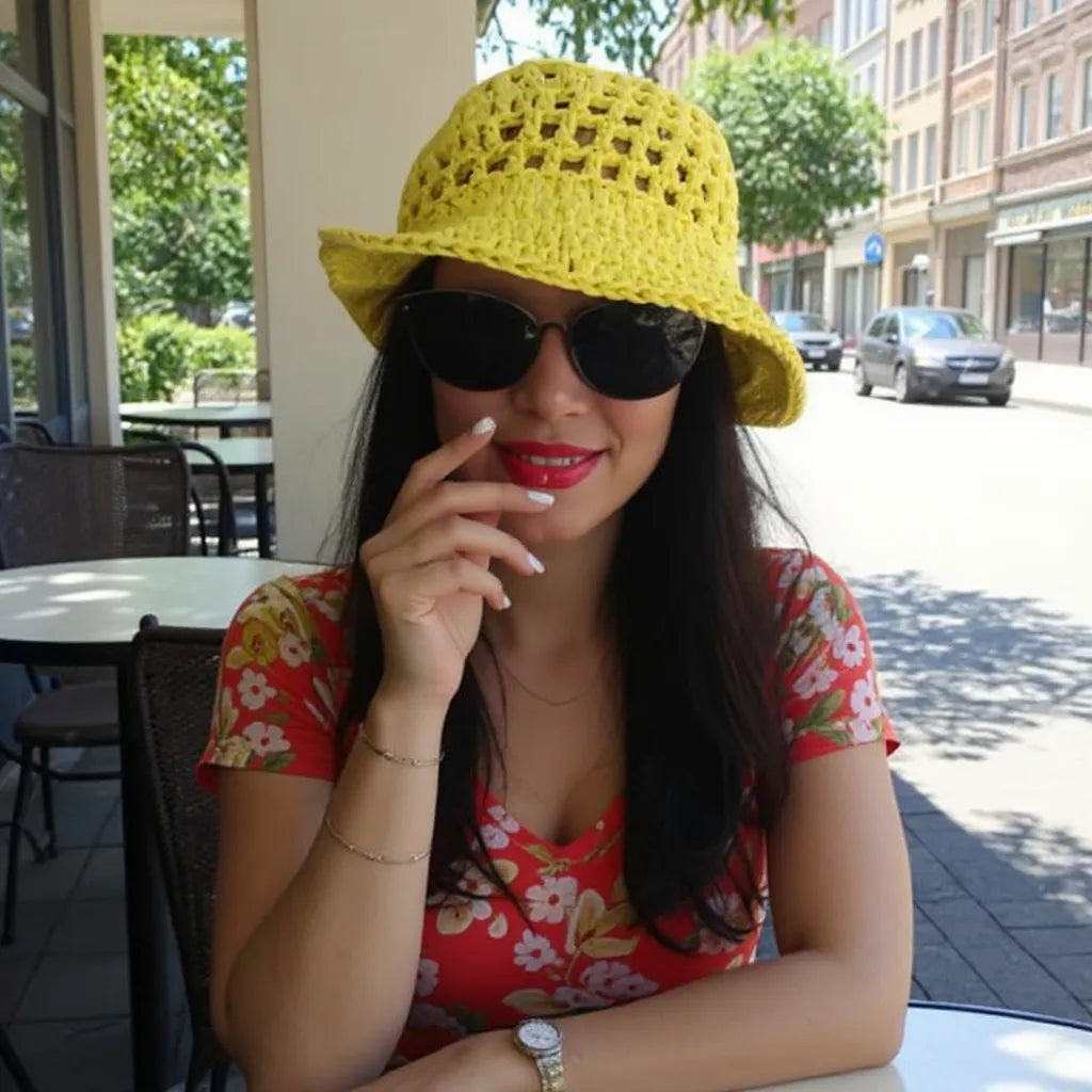 Chapeau au crochet Bobbysol de Cachalabibi  - vue complète d'une femme en terrasse à Paris