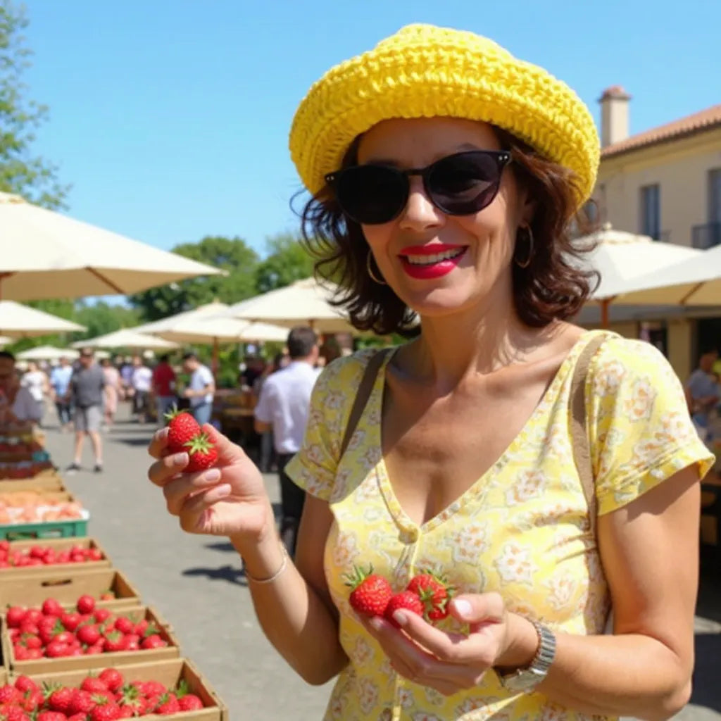 Chapeau au crochet Bobbysol de Cachalabibi - porté par une femme sur un marché aux fruits