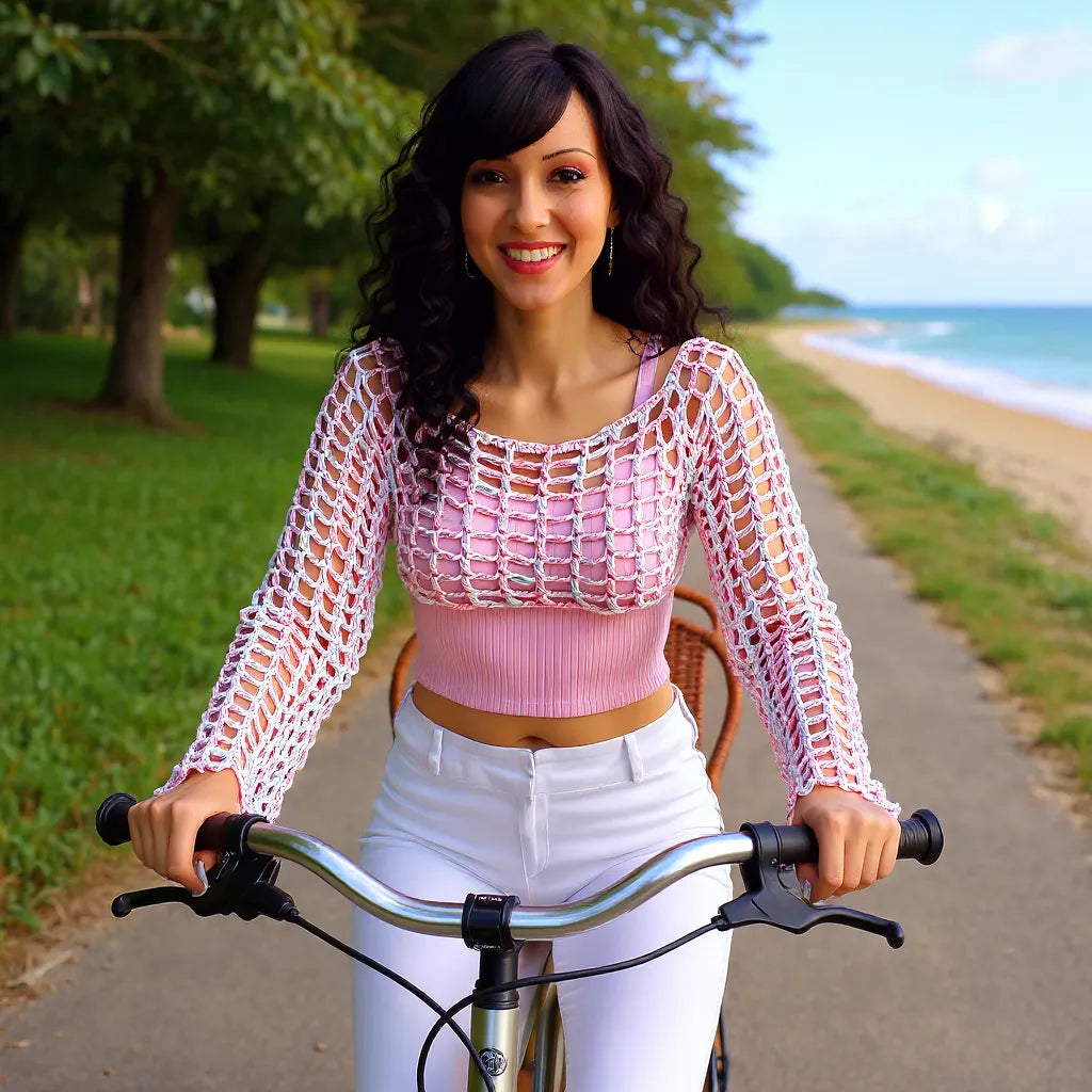 Crop top au crochet Bubblestar de Cachalabibi - vue de face à vélo sur la piste cyclable au bord de la mer