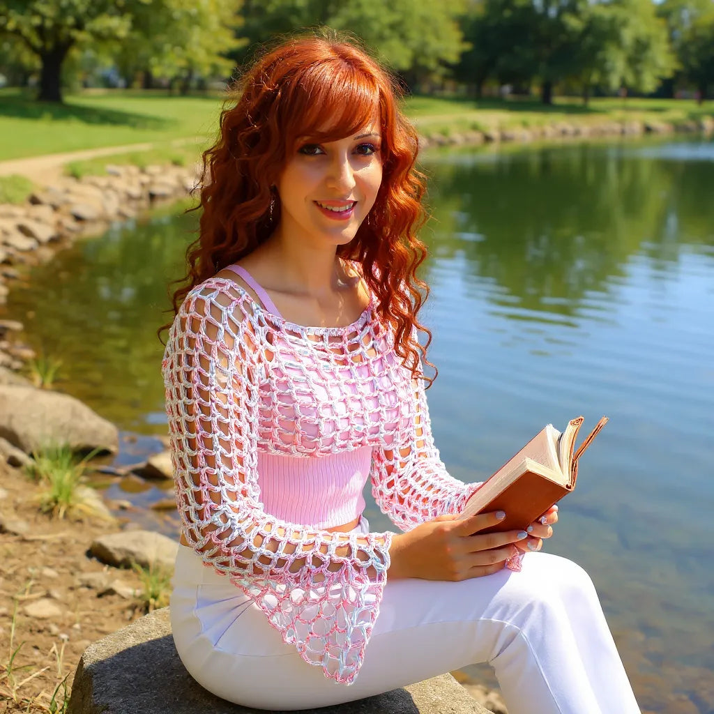 Crop top au crochet Bubblestar de Cachalabibi - vue de profil assise au bord du lac avec un livre