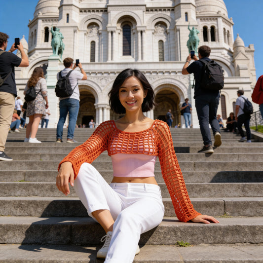 Crop top au crochet Hibisca de Cachalabibi - vue de face sur les marches du Sacré-Cœur à Montmartre