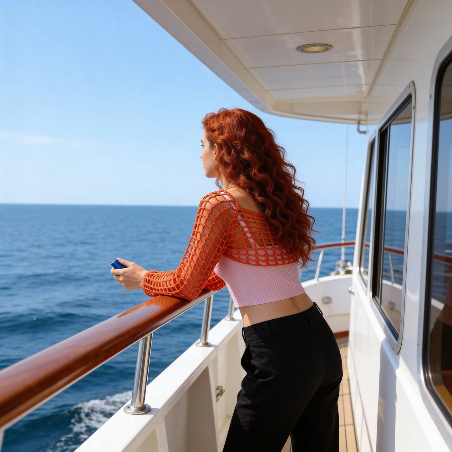 Crop top au crochet Hibisca de Cachalabibi - vue de dos sur le pont d'un yacht en Méditerranée