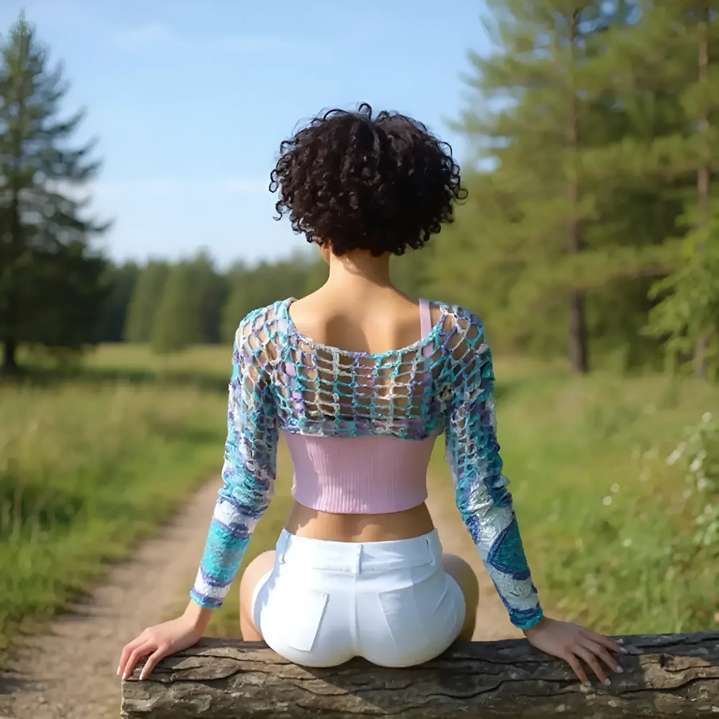 Crop top au crochet Ladyblue de Cachalabibi - vue de dos assise sur un tronc d'arbre dans la nature