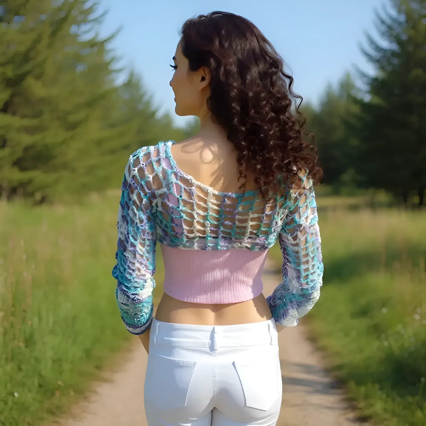 Crop top au crochet Ladyblue de Cachalabibi - vue de dos en promenade dans la forêt sur un sentier