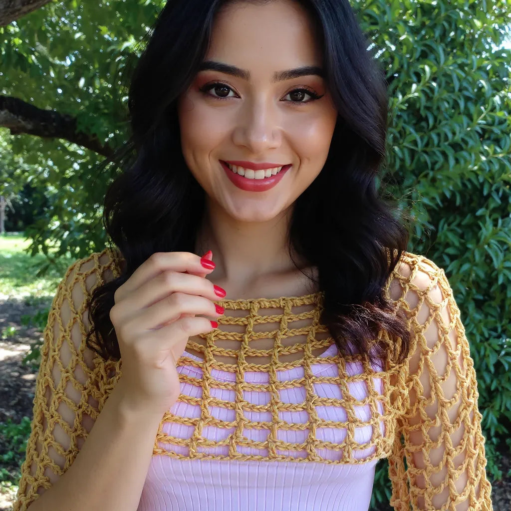 Crop top au crochet Sweetie de Cachalabibi - gros plan sur le col carré et le point résille filet ultra-ajouré