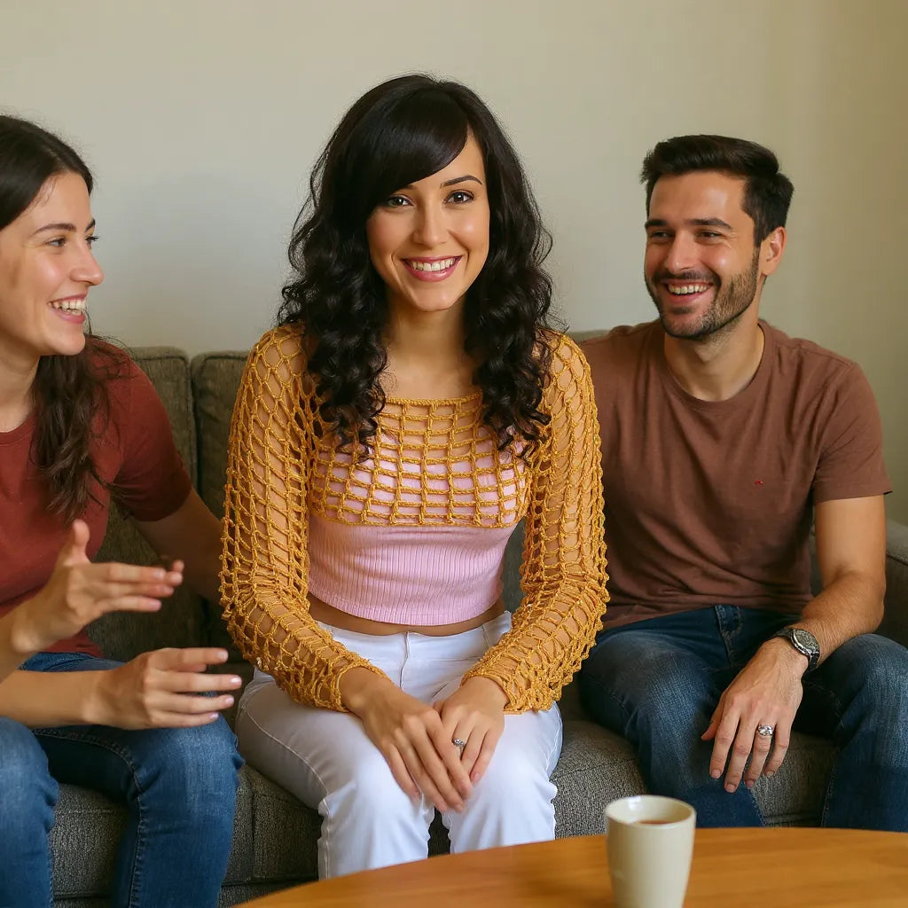 Crop top au crochet Sweetie de Cachalabibi - vue de face assise sur le canapé avec des amis