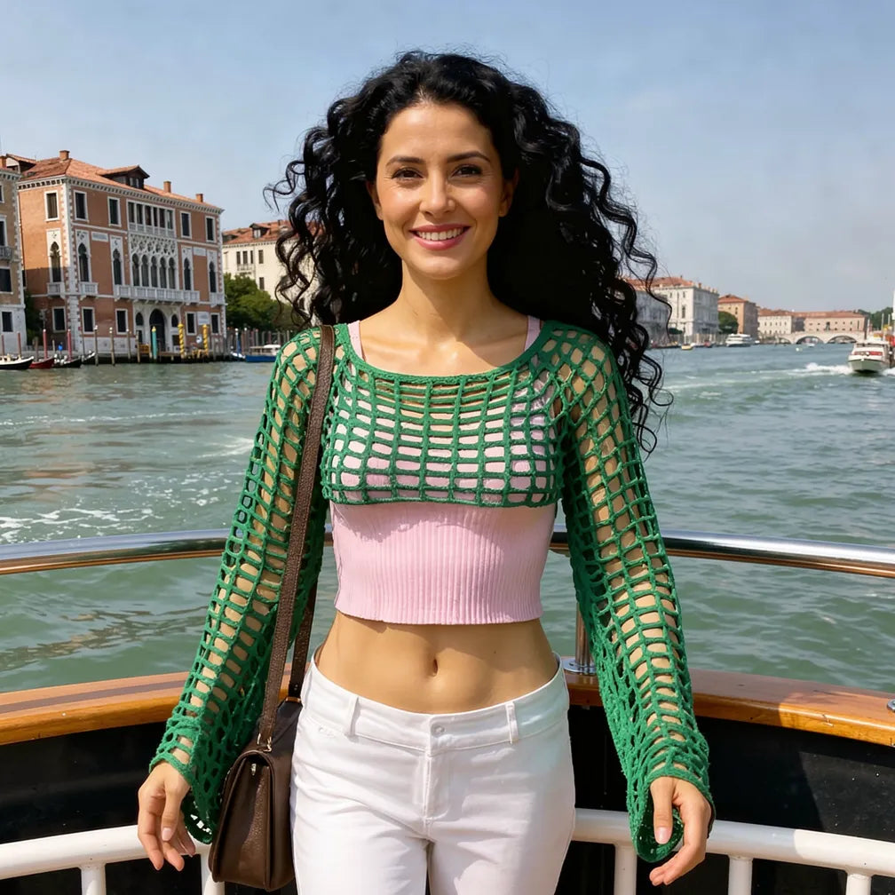 Crop top au crochet Vaporetto de Cachalabibi - vue de face sur le vaporetto avec vue sur le Grand Canal et palais vénitiens