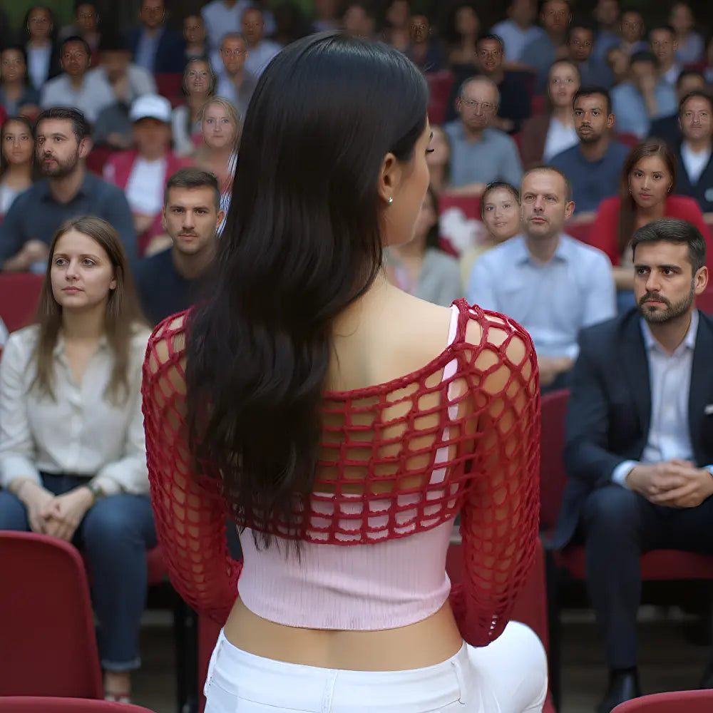 Crop top au crochet Veneziano de Cachalabibi - gros plan sur le dos montrant le point grille transparent