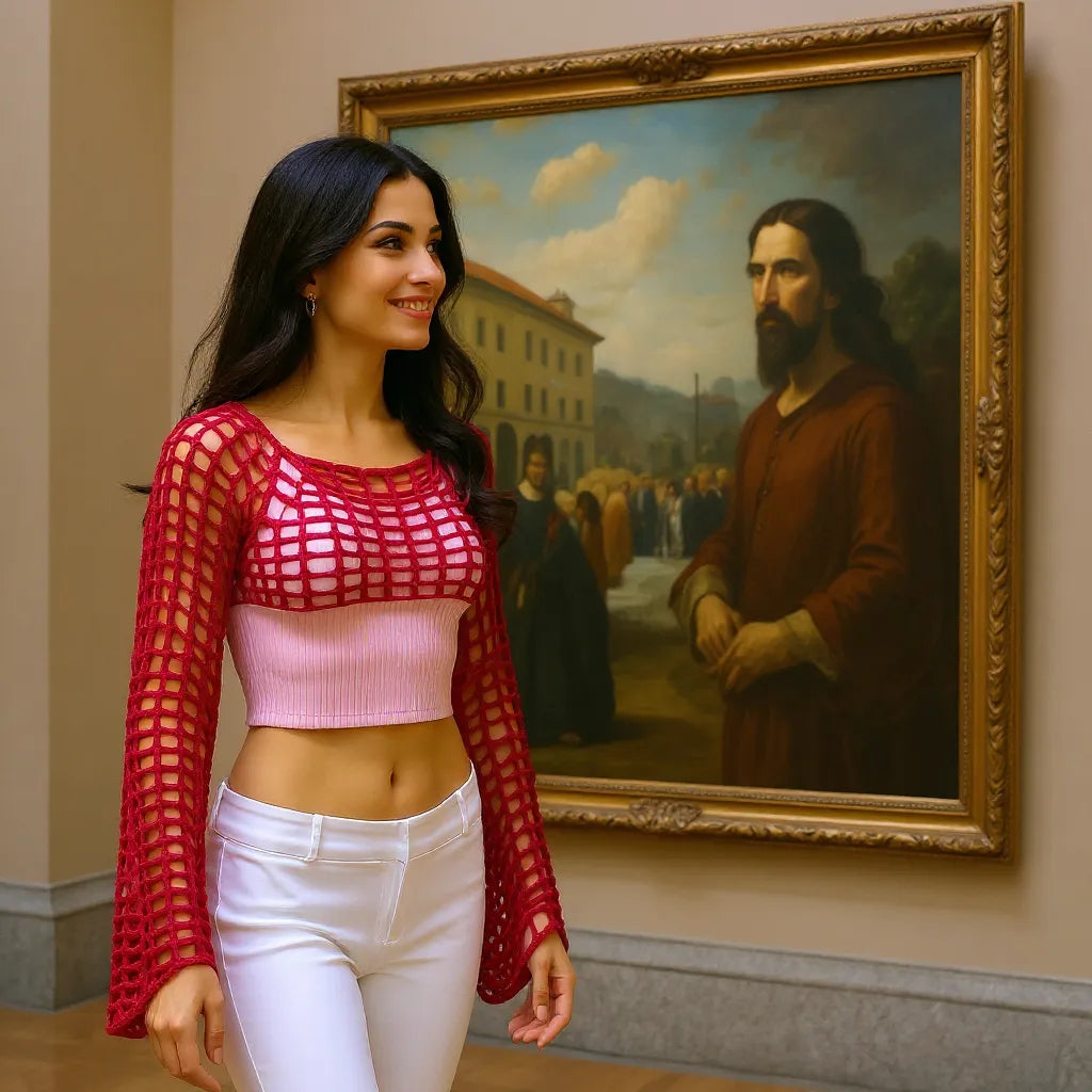 Crop top au crochet Veneziano de Cachalabibi - vue de face au musée devant un tableau vénitien