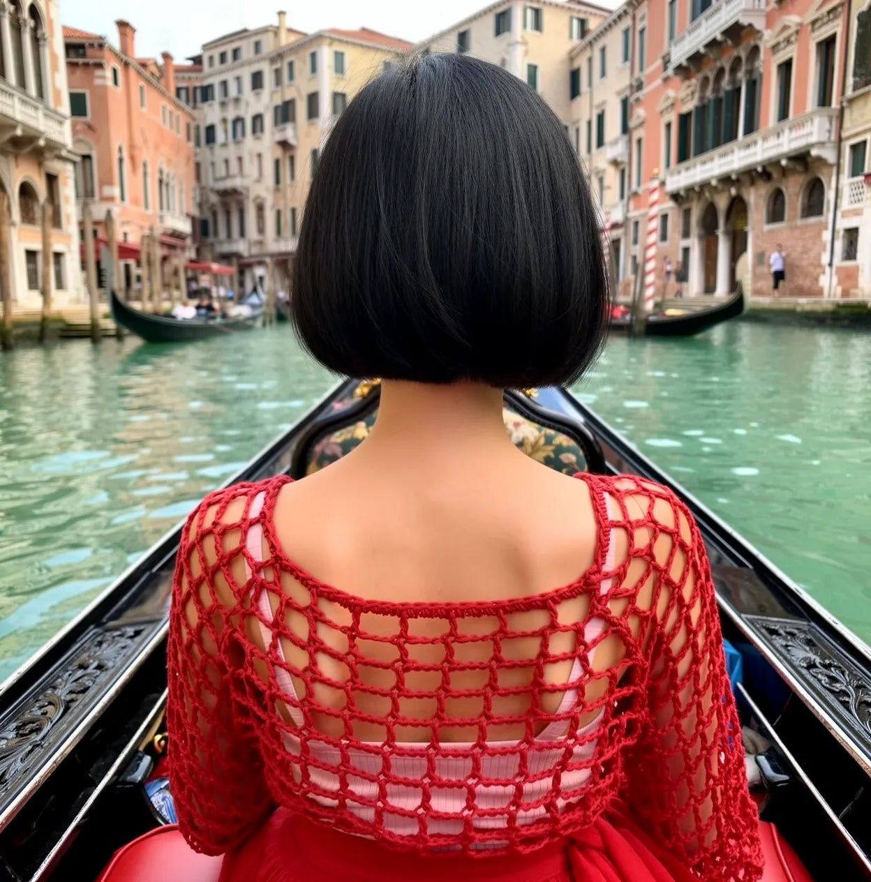 Crop top au crochet Veneziano de Cachalabibi - vue de dos en gondole à Venise dans les canaux