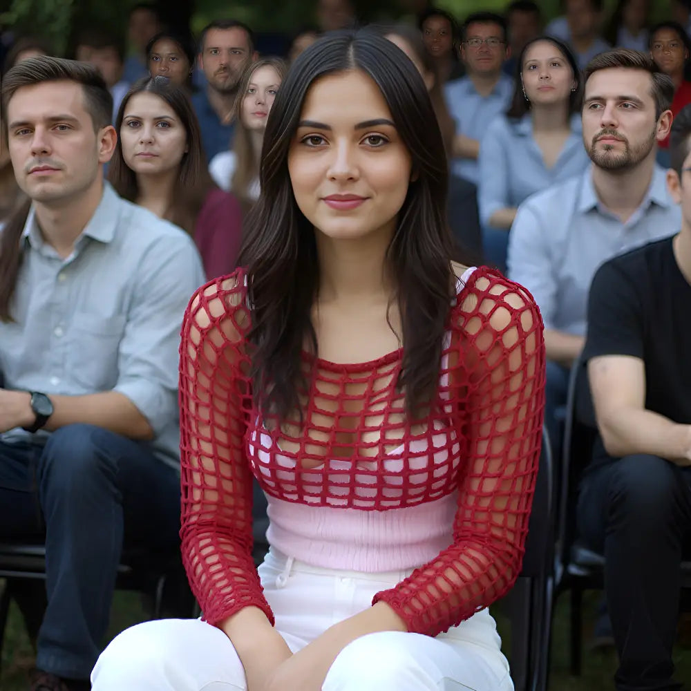 Crop top au crochet Veneziano de Cachalabibi - vue de face assise dans le public lors d'un événement